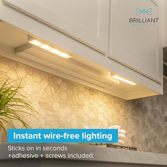 Brilliant Evolution Pack of 2 Wireless LED Stick on Lights Battery Operated Under Cabinet Lighting - 8.5 Inches Long - 65 Lumens Push Light for Kitchen, Closet, and Countertops