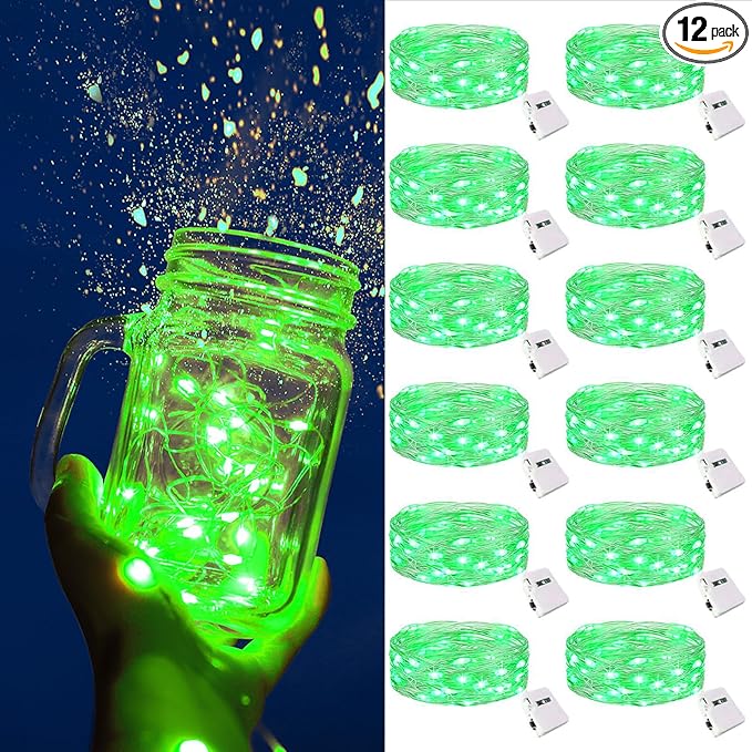 ZGWJ Fairy Lights Battery Operated, 12 Pack Green Twinkle String Lights 20 LED 7FT Mason Jar Lights Waterproof for Bedroom, Easter Decor, Halloween, Christmas, Party Indoor and Outdoor Decoration