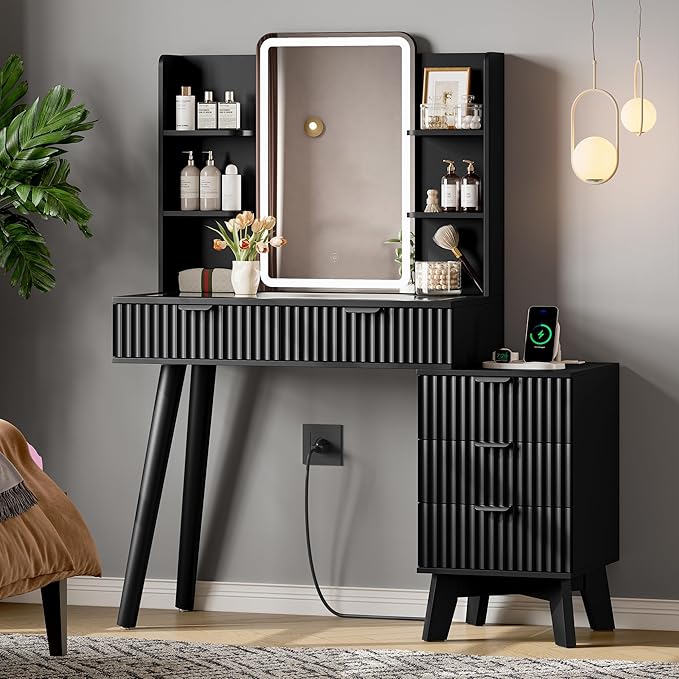 Vanity Desk With HD Lighted Mirror and Lights, Fluted Small Makeup Vanity with Storage Drawers & Shelves, Modern Dressing Table Set with Power Outlet & Glass Table Top for Women Girls Bedroom, Black