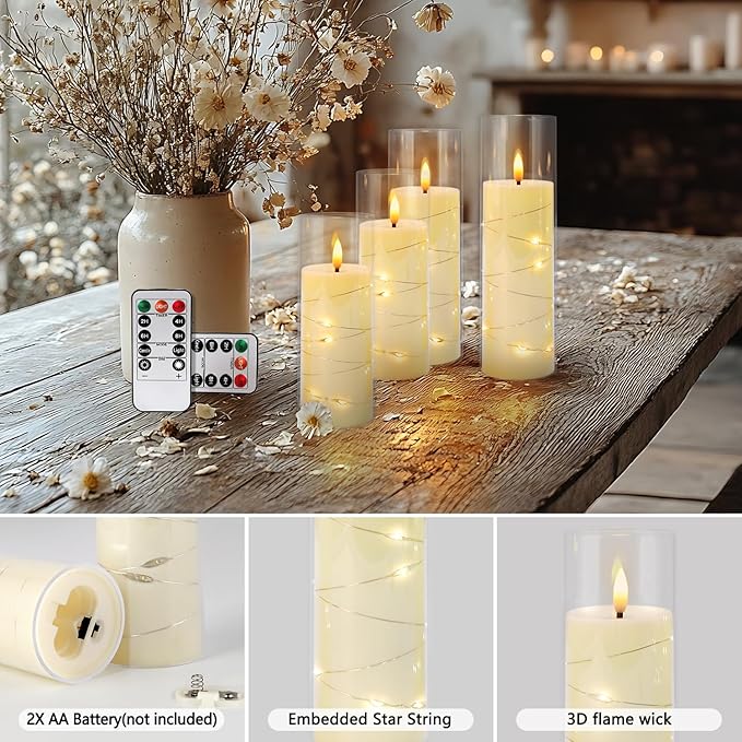 24 Pcs LED Flameless Candles with Remote, 3D Flickering Flame & LED String Lights, Acrylic Clear Cylinder, Timer Function, Romantic Ambience for Home Decor, Party, Wedding.