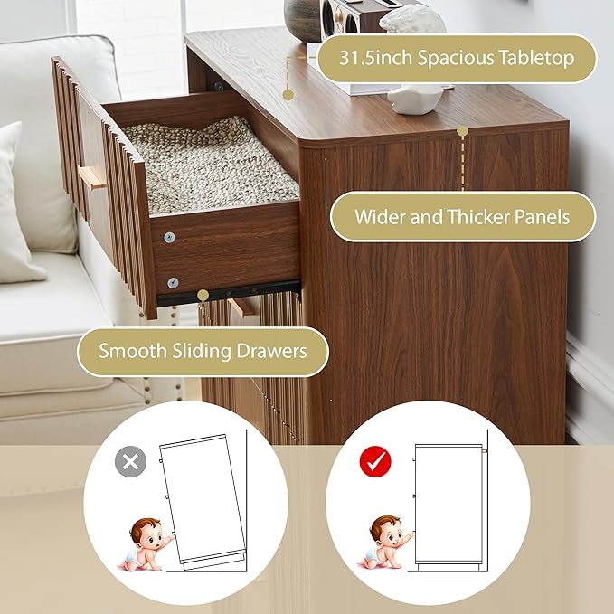 Fluted 5 Drawers Dresser for Bedroom, Wooden Tall Storage Dresser, Modern Chest of Drawers with Metal Handle, Curved Profile Wood Closet Clothes Storage Organizer for Living Room, Hallway, Walnut