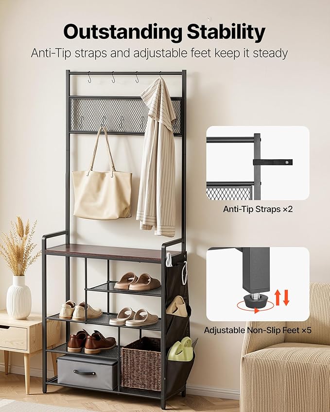 VEVOR Hall Tree, 70.9 in Coat Rack with Shoe Storage, Freestanding 4-Tier Shoe Rack Organizer with Hooks, Side Pocket and Wire Shelf, Steel Frame Entrance Coat Holder for Entryway, Bedroom, Closet