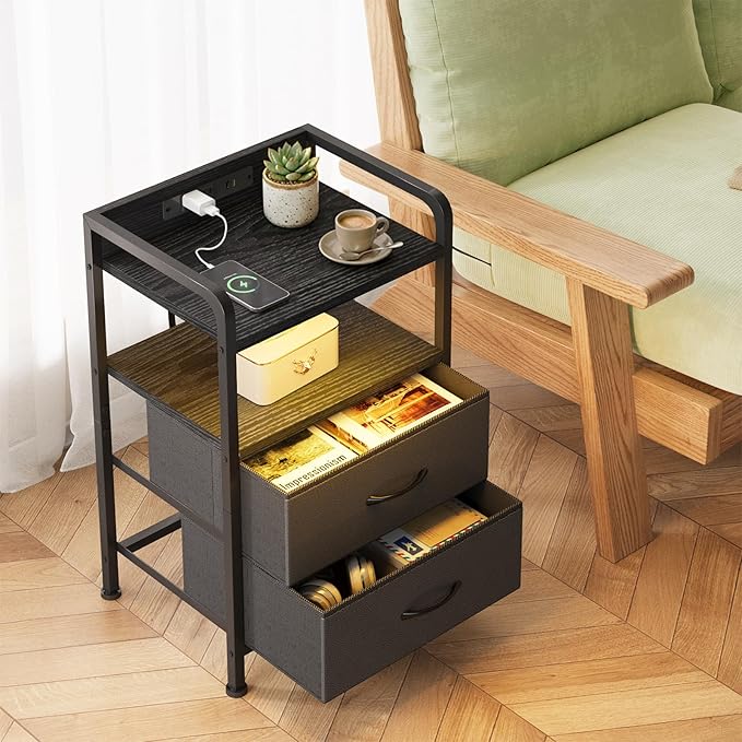 Fixwal Night Stand for Men Bedroom with Charging Station & LED Lights, Nightstand with 2 Fabric Storage Drawers and Edge, Black