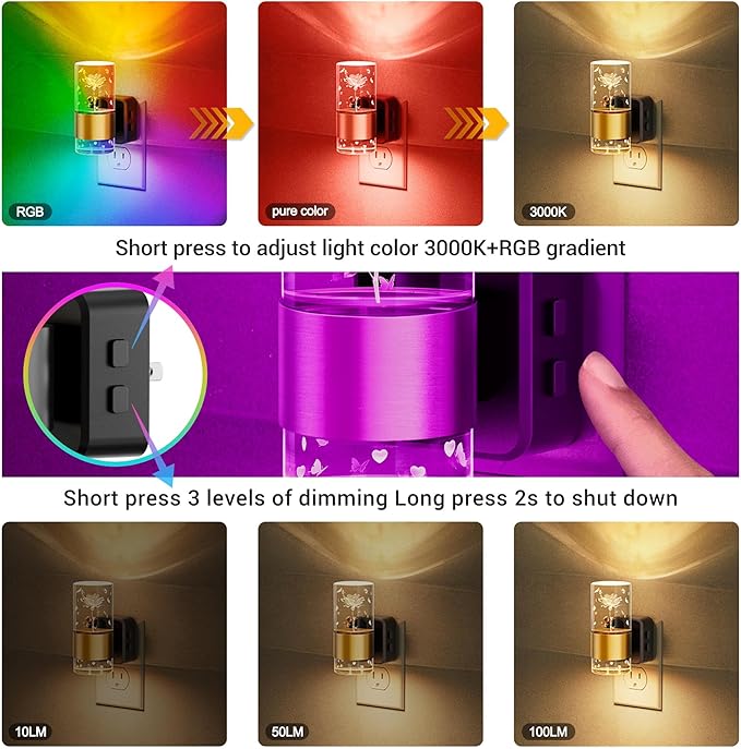 JandCase Night Lights Plug into Wall,2 Pack Rose Carved Night Light for Girls, 3000K+RGB 10-Color LED Nightlight with Dusk to Dawn Sensor, 10/50/100LM Adjustable Brightness for Birthday Home Decor