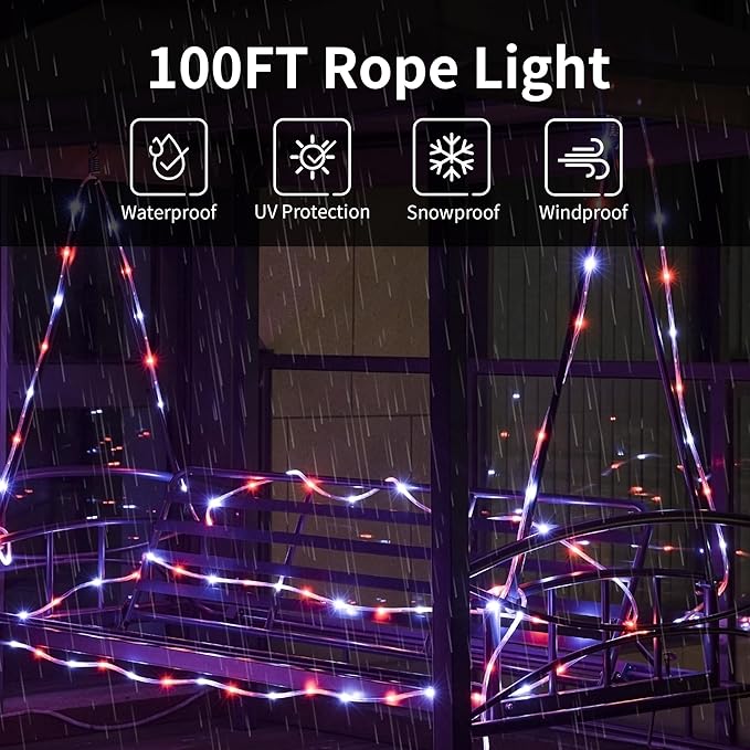 Ainfox LED Rope Light, 100Ft 1080 LEDs Indoor Outdoor Waterproof LED Strip Lights Decorative Lighting Kit (Colorful)
