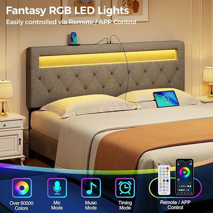 GREENSTELL Headboard for Full Size Bed with 60,000 DIY Color of LED Light, USB & Type C Post, Upholstered, Height Adjustable, Sturdy, Easy Assembly, Wall Mounted Head Boards Only, Gray