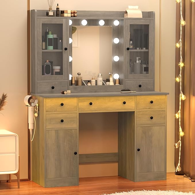 Vanity Desk with Mirror and Lights, 43" Grey Makeup Vanity Set with 5 Drawers & Glass Cabinets, Makeup Tray, Power Outlet & Adjustable LED Lights, Dressing Table for Women & Girls Bedroom