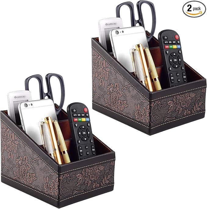 Fashionable PU leather TV remote control Holder with 3 compartments, Desk Caddy Organizer for DVD Cable Plus notepad and pen Chapstick Fingernail clippers Letter opener All in one Retro(2 pieces)