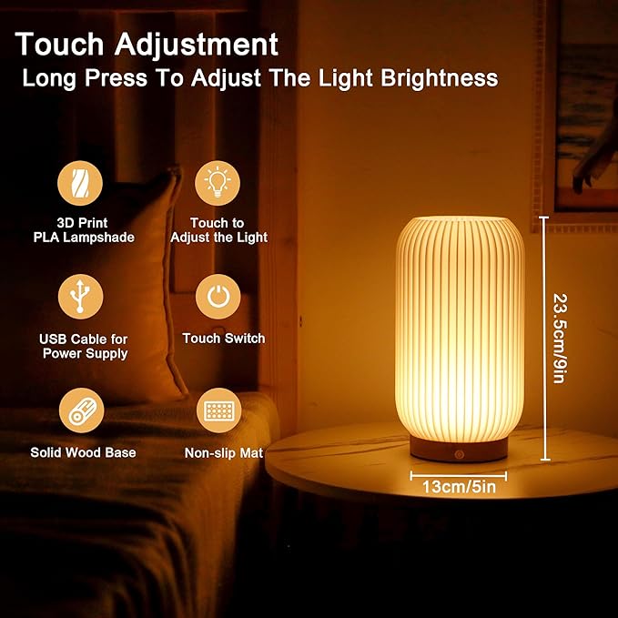 JHY DESIGN 9" H 3-Color Light Source Dimmable Touch Bedside Lamps Set of 2 Rechargeable Button Control Lamps 3D Printed Nightstand Lamps with Woodbase for Bedroom Kids Room(White, Type-C Charging)