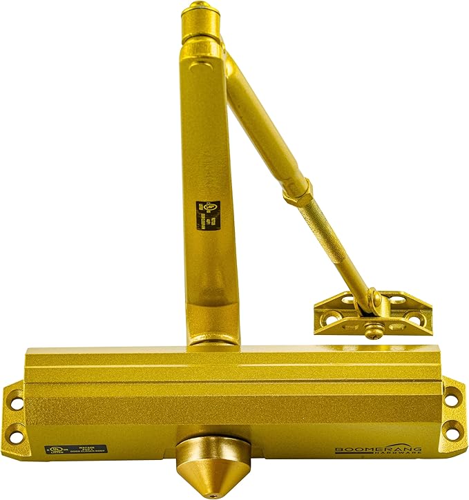 Boomerang Medium/Heavy Duty Automatic Commercial Door Closer -D4016 Surface Mounted, Grade 1- ADA & UL 3 Hour Fire Rated, Adjustable Size 1-6 for Entry & Aluminum Storefronts, Painted Brass/Gold (US4)