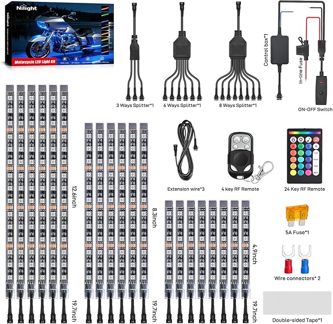 Nilight 20PCS Motorcycle RGB LED Light Kit Waterproof Multi Color Atmosphere Neon Accent Lights Lamp APP and Remote Control Underbody Strips for Harley Davidson Honda Kawasaki Yamaha Suzuki