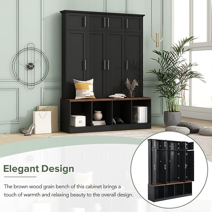 Multi-Functional Hall Tree with 4 Hidden Hanging Hooks, Brown Wood Grain Bench with Multiple Storage Space, Entryway Cabinet with Open Compartments for Living Room, Hallway (Black-15.6)