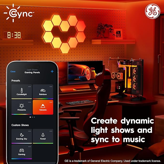 Cync GE Dynamic Effects Indoor Hexagon WiFi Smart LED Color Changing Lights, Wall Light Panels for Room Décor, Gaming Setup, Music Sync LED Wall Art, Works with Alexa and Google, 10 Panels