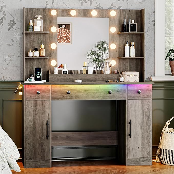 Vanity Desk with Mirror and Lights, 43'' Makeup Dressing Table Set with 5 Drawers & Power Outlet, 3 Lighting Modes Brightness Adjustable, Vanity with RGB Ambient Light for Women Girls Bedroom, Grey