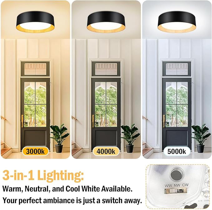 Flush Mount Ceiling Light, 13in 250W Equivalent LED Ceiling Light Fixture, 3CCT Adjustable 3000K 4000K 5000K, Dimmable Black and Wood Modern Ceiling Lamp for Bedroom Bathroom Hallway