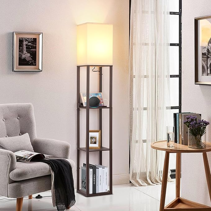 FOLKSMATE Touch Control Shelf LED Floor Lamp with Shelves, Charging USB, Type C Port and Power Outlet, Dimmable Standing Lamp for Living Room, Bedroom