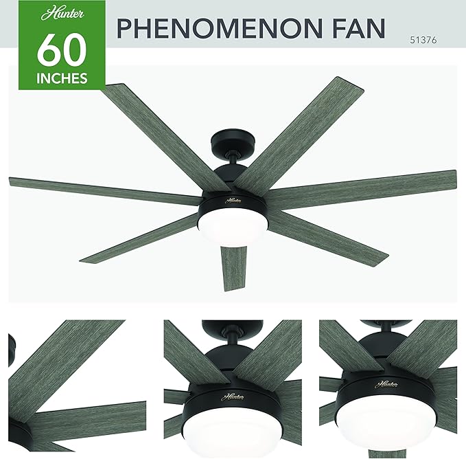 Hunter 60 inch Indoor Ceiling Fan with LED Light and Wall Control - Black Smart Ceiling Fan, Standard Mount, 7 Blades, For Bedroom or Living Room, Quiet - Phenomenon 51376, Matte Black