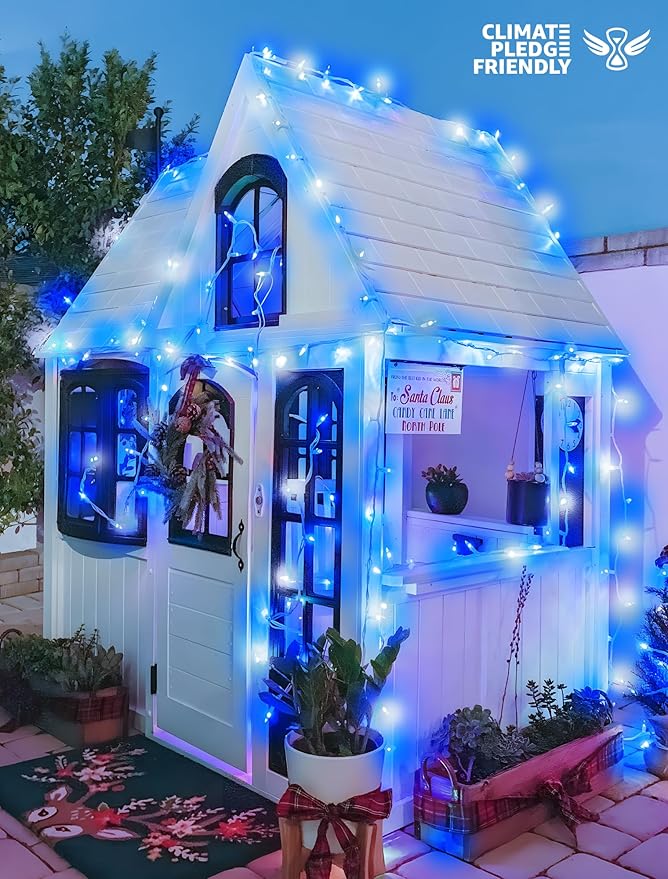String Lights Indoor Bedroom, 33FT 100 LED Fairy String Lights Outdoor Waterproof, 8 Modes Memory Twinkle Christmas Light Plug in for Classroom Dorm Patio Tree Garden Decor (Cool White+Blue)