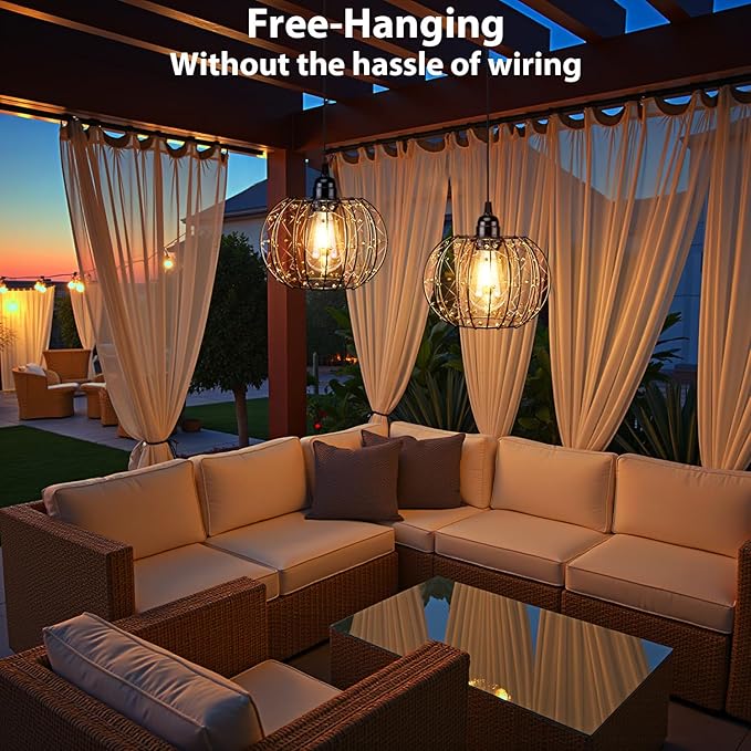 Battery Operated Hanging Outdoor Chandelier, Battery Operated Gazebo Pendant Light Outdoor Waterproof, No Wiring, Powered by 4 AA Batteries, for Gazebo, Porch, Pergola, Decor Lighting (2)