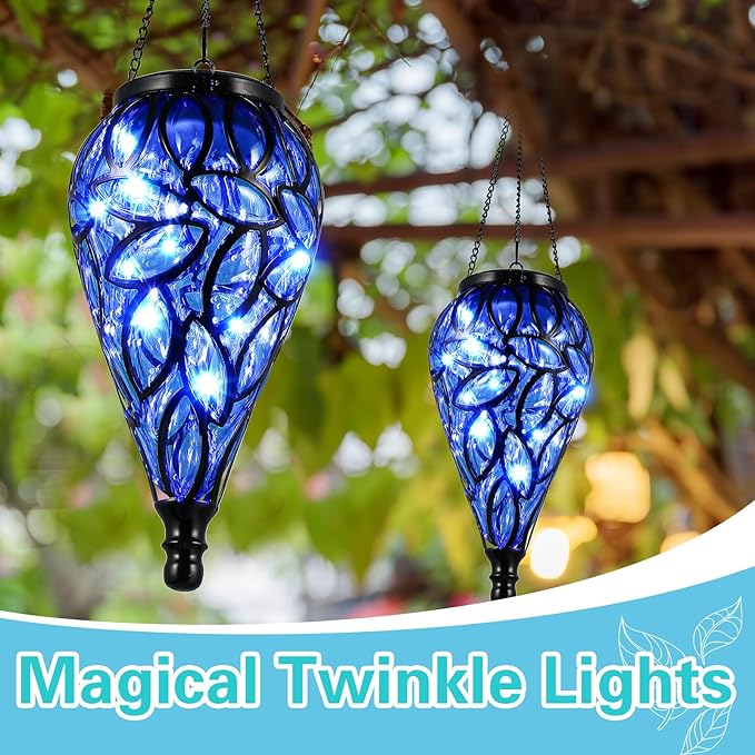 2 Set Solar Hanging Lantern Lights Outdoor Chandelier Moroccan Hanging Solar Light Tear-Shaped 15 LEDs Cool White with S Hooks for Summer Garden Yard Pathway Landscape Porch Decor(Blue)