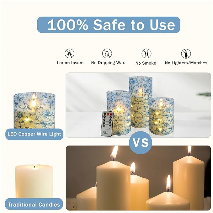 Blue Floral Flameless LED Pillar Candles with String Lights, 3pcs Battery Operated Flickering Candles with Remote Timer, Decorative Flower Printed Candles for Wedding Home Decor Romantic Ambiance