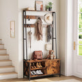 Hall Tree With Bench and Shoe Storage, Coat Rack With Shoe Storage, Wood Look，Coat Rack With Bench，Industrial Style, Large 6 Hooks, 31.5" X 15.8" X 71" Retro Brown Color