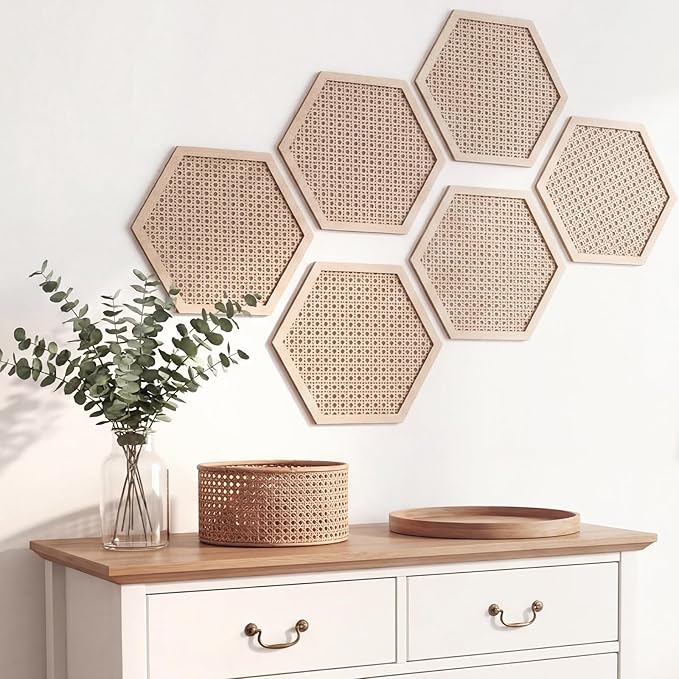 Ripeng 6 Pcs 11.8 Inch Boho Hexagon Wall Decor Farmhouse Wood Earthy Hexagon Wall Panels Modern Hollow Carved Design Rustic Abstract Decor for Living Room Kitchen Bedroom (Hollowed Style)