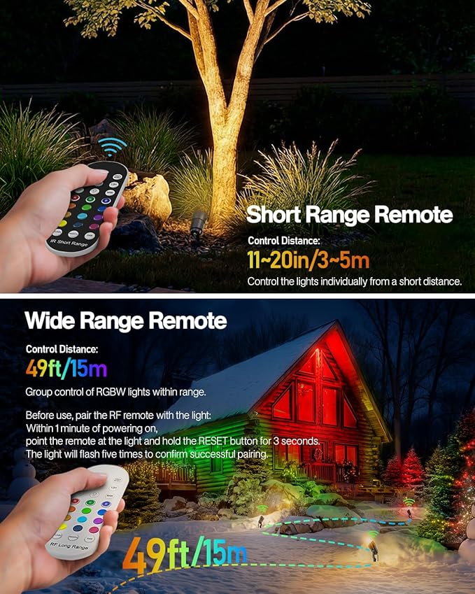 HIBOITEC RGBW Low Voltage Landscape Lighting 12Pack 12W with Remote Connectors Spotlights Landscape Lights 12-24V AC/DC Waterproof for House Yard Trees Outdoor Christmas(Transformers NOT Included)