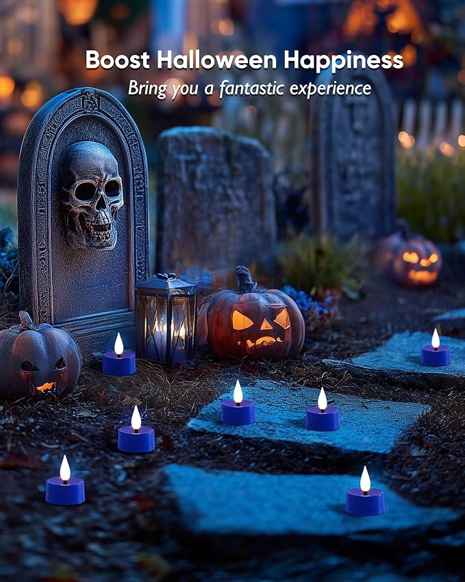 Amagic Flameless Blue Timer Remote Tealights Candles, 3D Black Wick Flickering Tea Light, 300+Hour Colored Votive Candles Battery Operated, Set of 12 for Wedding, Theme Party, Aniversary, Halloween