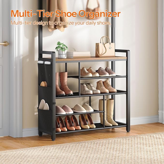 HOOBRO Hall Tree with Bench, Shoe Rack with Coat Rack, 39.4" Coat Rack with Shoe Storage, 5 Tier Shoe Storage Organizer, Oxford Fabric Side Pockets, Coat and Shoe Rack Entryway, Rustic Brown BF46MT01