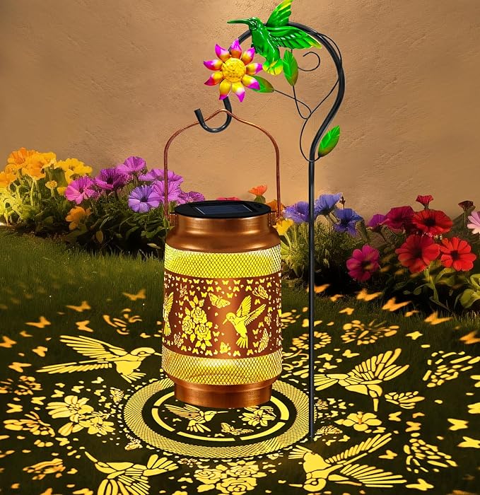Hummingbird Solar Lanterns Outdoor Waterproof, Hanging Solar Lights Garden Lanterns with Shepherd Hook, Metal Garden Decor for Yard, Patio, Lawn, Landscape, Gifts for Women Mom Christmas