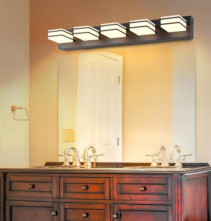 3 Color Temperature Dimmable Vanity Lighting Fixtures, LED Black 5 Light Bathroom Vanity Light Fixtures, Acrylic Stainless Steel Square Shade Vanity Lights for Bathroom, ETL Certificated