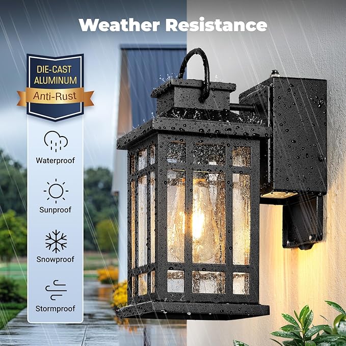 Exterior Lighting Fixtures with GFCI Outlet, Black Dusk to Dawn Outdoor Lights with Bubble Glass, Anti-Rust Outside Wall Sconce Lantern for Garage Coach, Patio Wall Light Fixture with Outlet