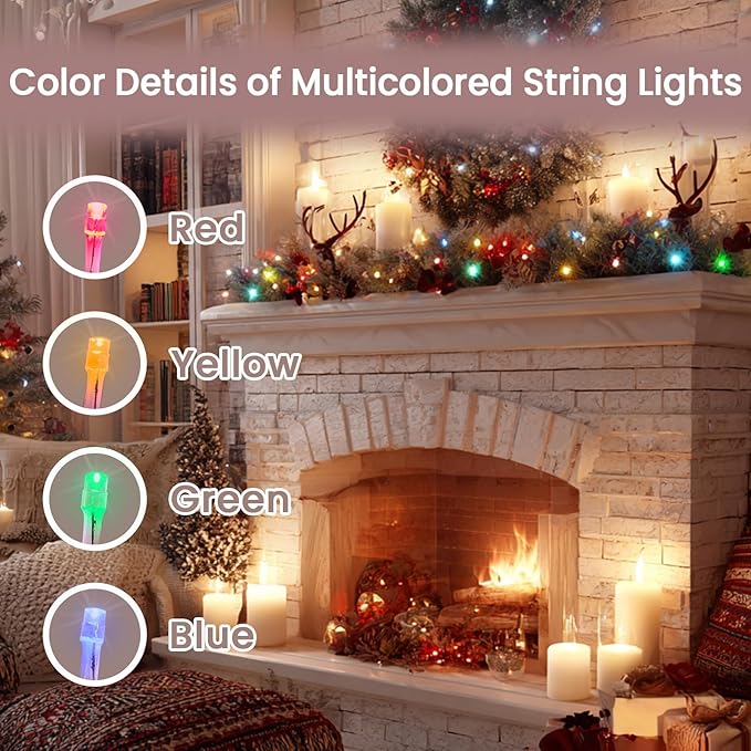 100 LED String Lights Indoor Outdoor, 33FT Multicolor Christmas Lights Waterproof, 8 Modes with Timer, Twinkle Fairy Lights Plug in Clear Wire for Christmas Tree, Bedroom, Classroom Decor