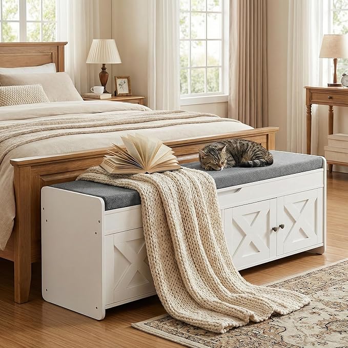 Amada Shoe Storage Bench with Cushion, 47.2" Long Entryway Bench with Lift Top Storage, 4-Door Shoe Bench with Adjustable Shelves, 300 lb Capacity for Entryway, Bedroom, Living Room, Classic White