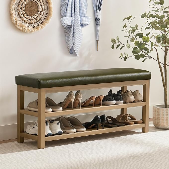 Shoe Rack Bench with Leather Cushion, 2 Tier Solid Wood Storage Bench, Mid-Century Modern Shoe Bench for Entryway, Hallway, Closet, Front Door Entrance, Foyer (Green, 46.5)