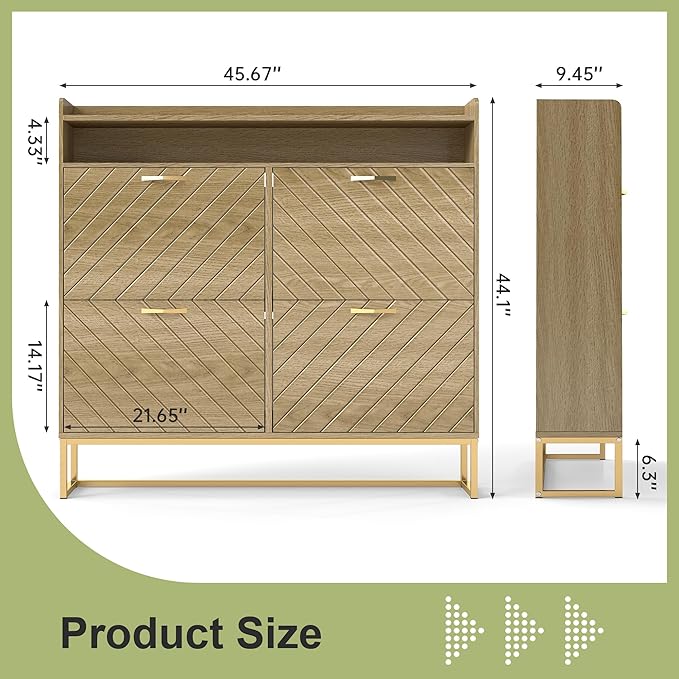 Hadulcet Hidden Shoe Cabinet with 4 Flip Drawers, Long Wood Shoe Storage Cabinet for Entryway Closet, Narrow Freestanding Shoe Rack Organizer w/Adjustable Shelves, Metal Legs, Cupboard, Natural Wood
