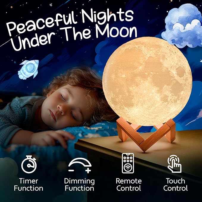 Mind-Glowing Moon Lamp - 3D Moon Night Light for Kids Bedroom - Globe Nightlight with Multi Color LED, Touch/Remote Control - Birthday Gift for Any Year Old Girls & Boys - Space Decor (7.1 inch)