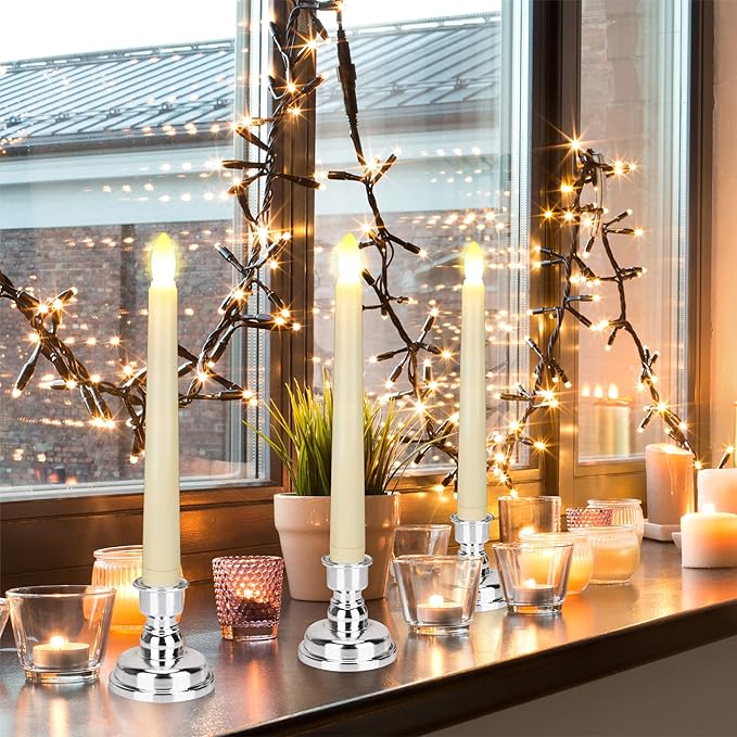 7.9 Inch Flameless Taper Candles Flickering with Timer Remote, Battery Operated LED Window Candles with Removable Base and Suction Cups for Home Christmas Decor, 4PCS Ivory