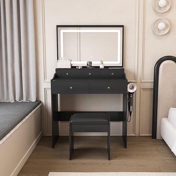 Vanity Desk with Large Mirror and Stool, Makeup Table with LED Lighted - 3 Color Models, Makeup Desk with 5 Drawers & Power Outlet, Dressing Makeup Table for Women Girls Bedroom, Black