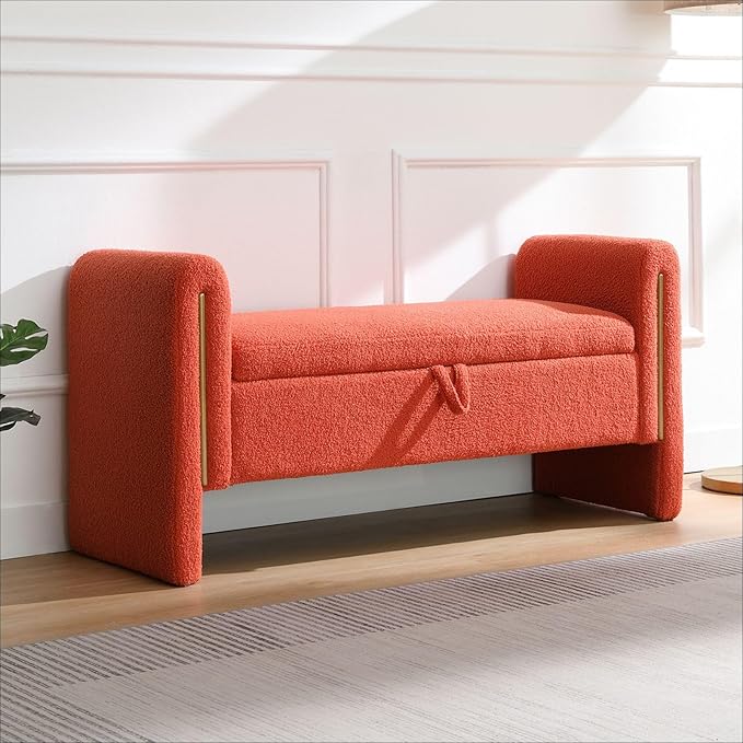 Modern 52" Storage Ottoman Bench, Upholstered End of Bed Storage Bench with Armrests, Entryway Bench, Teddy Foot Rest Stool for Living Room Hallway Bedroom (Orange)