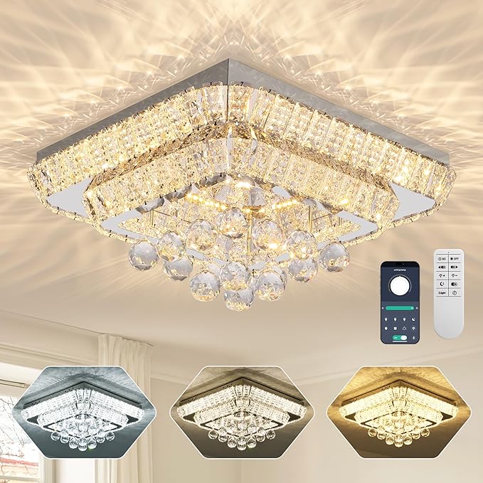 18" Crystal Ceiling-Light Flush Mount with Remote Control and APP, 3 Colors Temp & Brightness Adjustable, Modern Crystal Raindrop Chandeliers for Bedroom Hallway Dinning and Living Rooms-square