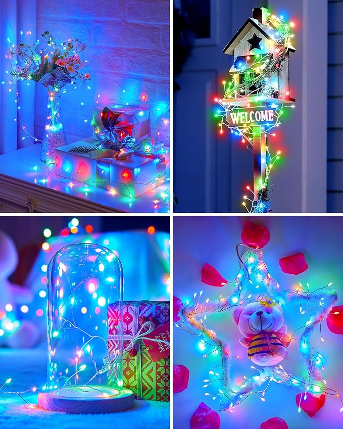 2Pack Battery Operated Fairy Lights, 10 Ft 120LEDs Firecracker String Lights Waterproof Silver Wire Starry Firefly Light for DIY Wreath Home Wedding Indoor Outdoor Christmas Decorations, Multicolor