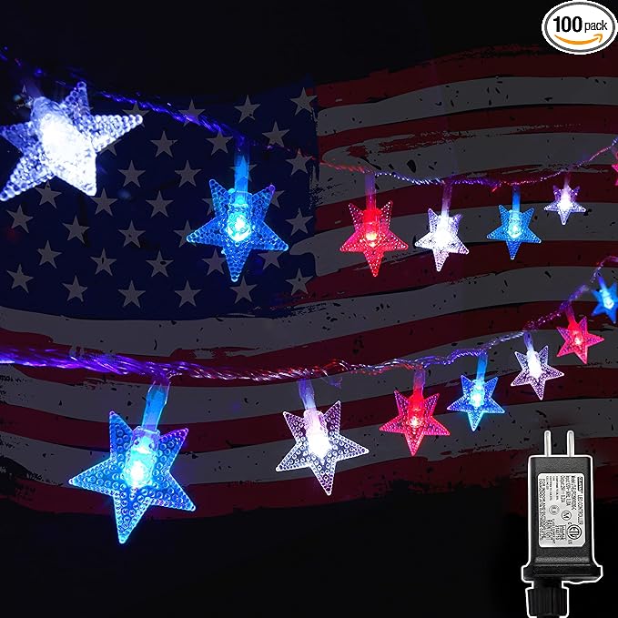 Twinkle Star 4th of July Decoration Lights, 100 LED 49FT Red White Blue Star String Lights, Plug in Fairy String Lights Waterproof, Extendable for Indoor, Outdoor, Independence Day Decor
