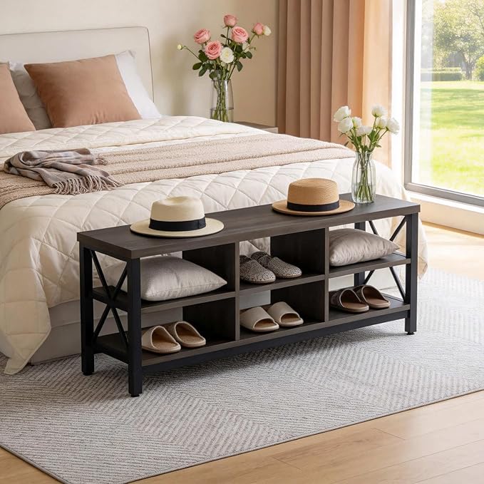 FATORRI Shoe Bench Entryway with Storage, Industrial Wood and Metal Hallway Benches with Adjustable Shelves, Rustic Entry Way Bench for Living Room (47.24 Inch Long, Walnut Brown)