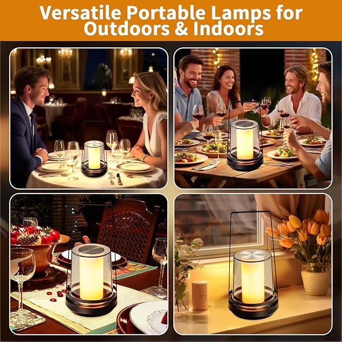 Black Touch Table Lamp with Dynamic Flame Effect - Portable, Rechargeable Bedside Lamp, Tap for Flickering Fire & Candle Light Modes, Dimmable for Bedroom, Camping, Gifts
