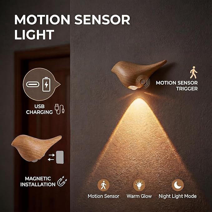 Timber Motion Sensor Night Light, Magnetic Wall Light, Rechargeable Bird Lamp, USB Type-C, Warm LED Night Lamp for Bedroom, Bathroom, Hallway, Stair (2 Pack)
