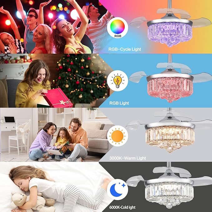 30" Retractable Crystal Ceiling Fan with Light, RGB Modern Fandelier 6 Speeds Reversible Blades Dimmable Chandelier Ceiling Fan with Remote App Control Memory Timer Silver