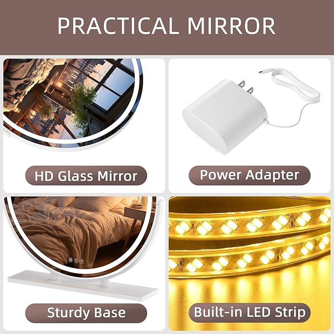 Hasipu Vanity Mirror with Lights, 23.6" LED Large Makeup Mirror, Lighted Makeup Mirror with Lights, Smart Touch Control 3 Colors Dimmable Round Mirror 360°Rotation White