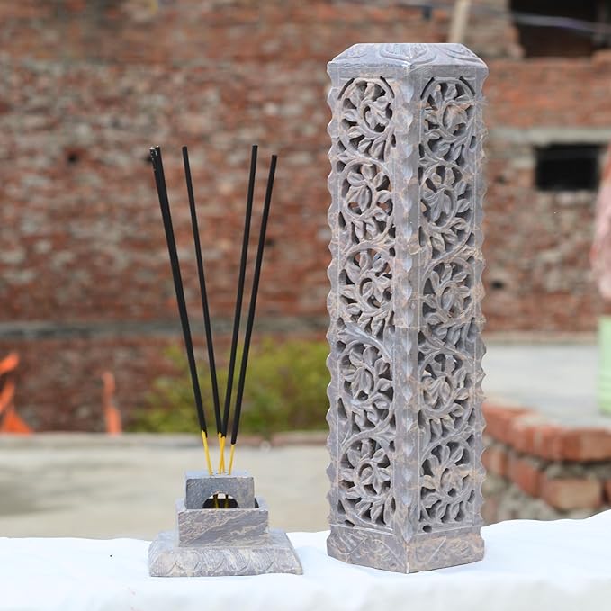 Handcrafted Soapstone Incense Tower and Candle Holder 11”inch Artistic Burner for Home Decor Gift, Spa & Relaxation | Elegant Tea Light Holder & Aroma Diffuser | Handcrafted Incense Stick Holder